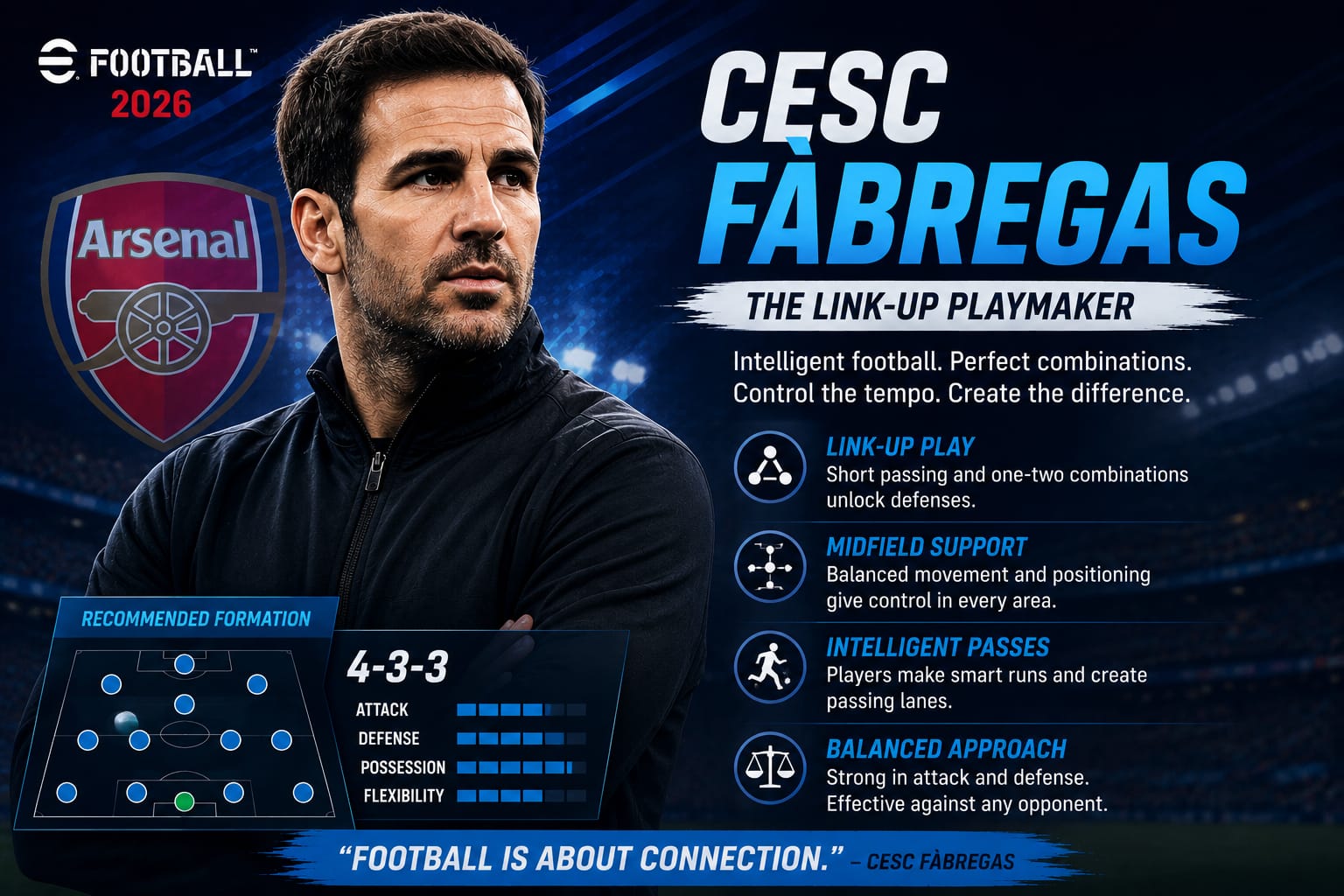 Cesc Fabregas manager profile in efootball 2026, featuring link up play, smart passing and balanced tactics.
